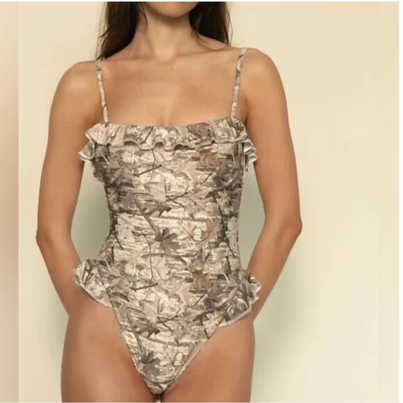 Free People NWT Montce Jacelyn Ruffle One-Piece Swimsuit in Camo Khaki size XL - Picture 1 of 6